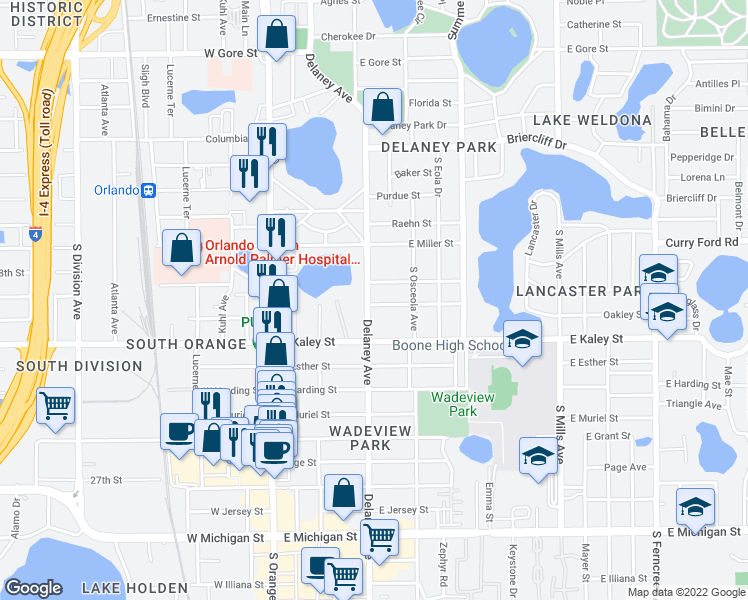 map of restaurants, bars, coffee shops, grocery stores, and more near 1701 Delaney Avenue in Orlando