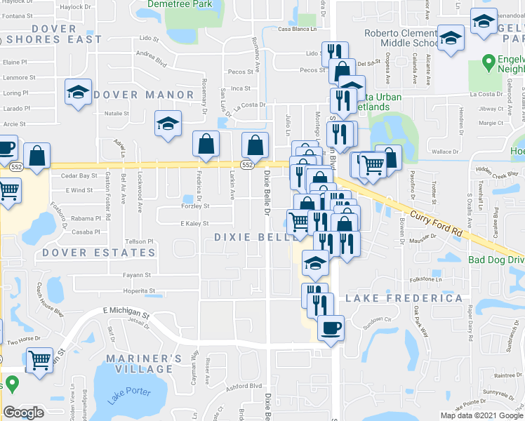 map of restaurants, bars, coffee shops, grocery stores, and more near 1820 Dixie Belle Drive in Orlando