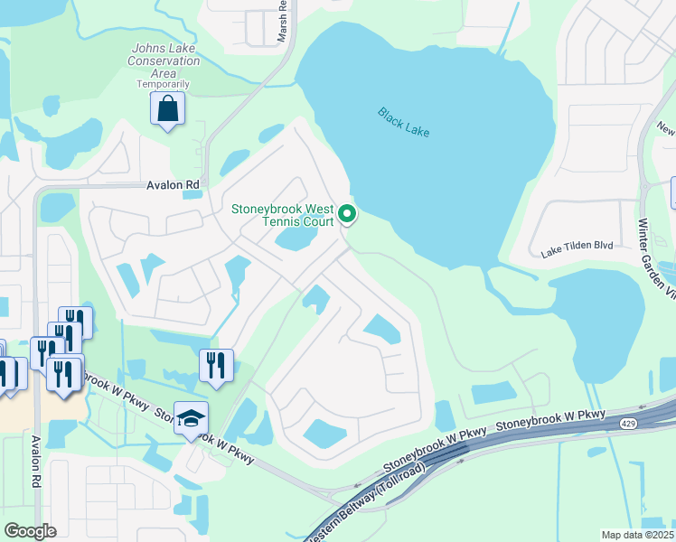 map of restaurants, bars, coffee shops, grocery stores, and more near 2025 Sailborough Court in Winter Garden