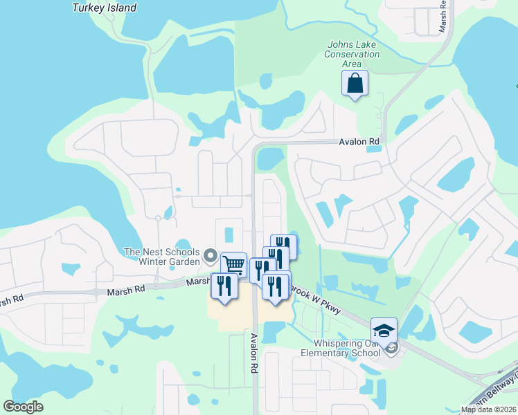 map of restaurants, bars, coffee shops, grocery stores, and more near 15521 Oxley Street in Winter Garden