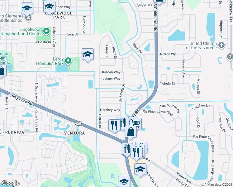 map of restaurants, bars, coffee shops, grocery stores, and more near 7125 Budapest Way in Orlando