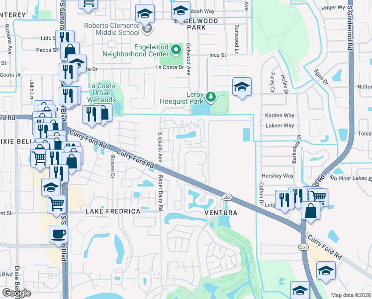 map of restaurants, bars, coffee shops, grocery stores, and more near 6227 Yorktown Drive in Orlando