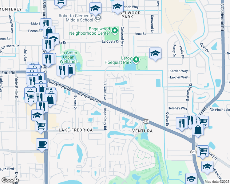 map of restaurants, bars, coffee shops, grocery stores, and more near 6227 Yorktown Drive in Orlando