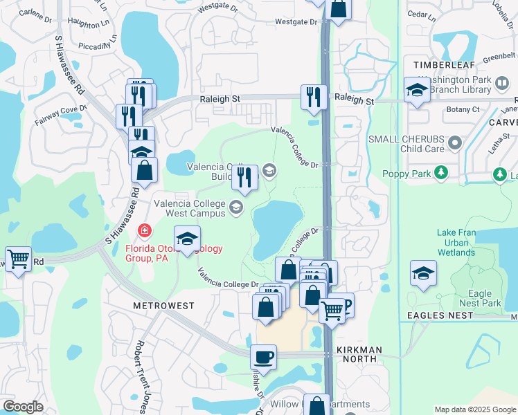 map of restaurants, bars, coffee shops, grocery stores, and more near 1800 South Kirkman Road in Orlando