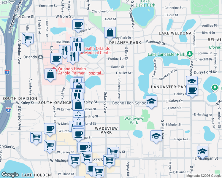 map of restaurants, bars, coffee shops, grocery stores, and more near 1701 Delaney Avenue in Orlando