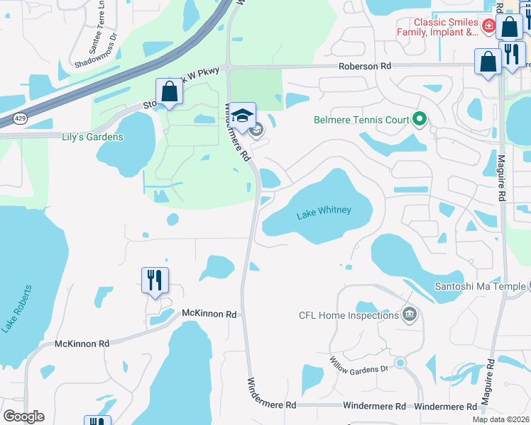 map of restaurants, bars, coffee shops, grocery stores, and more near 1490 Windermere Road in Winter Garden