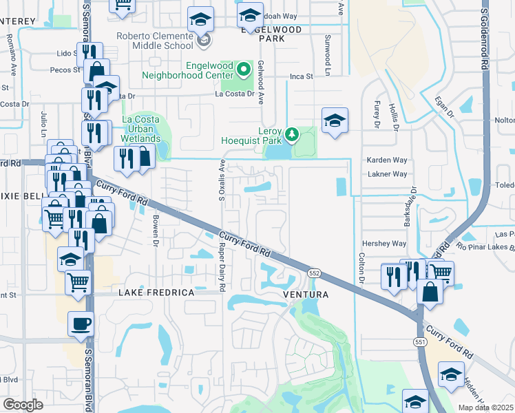 map of restaurants, bars, coffee shops, grocery stores, and more near 6227 Yorktown Drive in Orlando