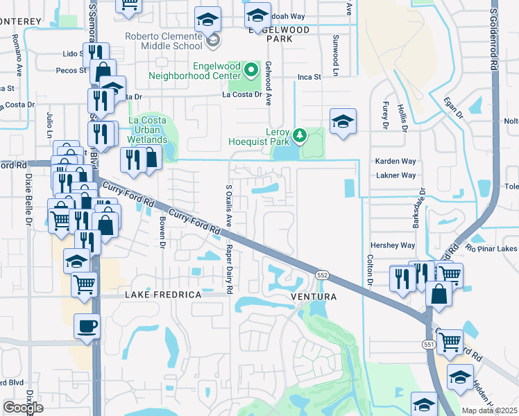 map of restaurants, bars, coffee shops, grocery stores, and more near 1891 Caralee Boulevard in Orlando
