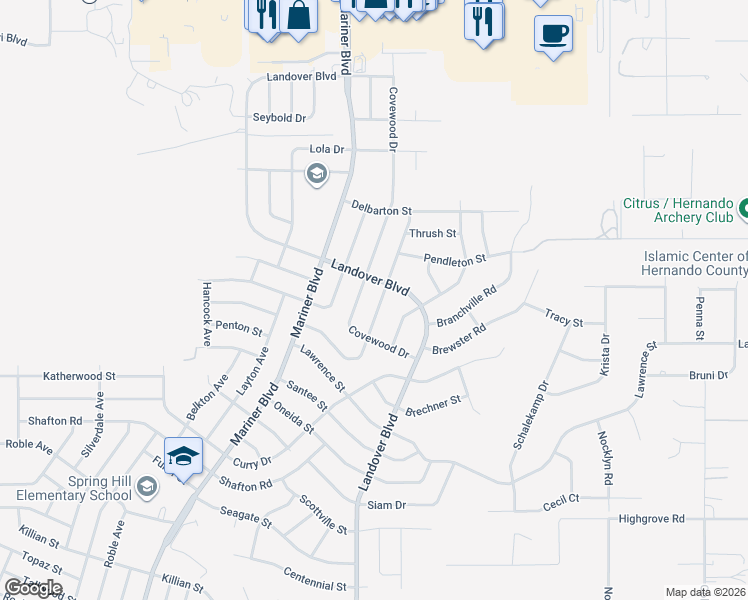 map of restaurants, bars, coffee shops, grocery stores, and more near 6370 Covewood Drive in Spring Hill
