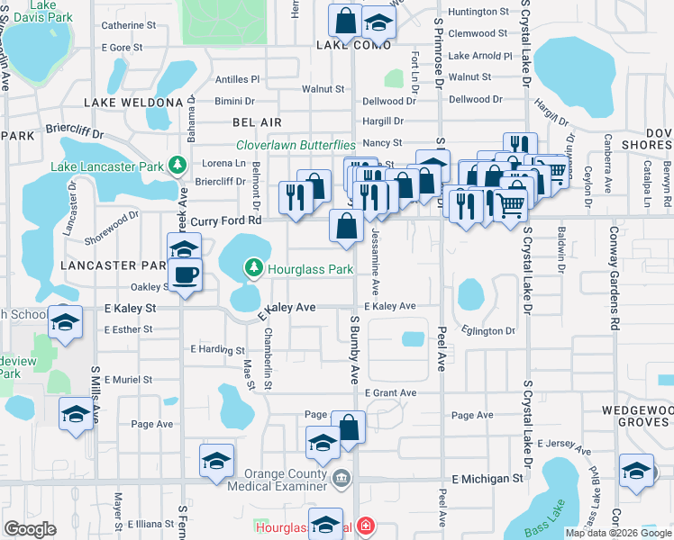 map of restaurants, bars, coffee shops, grocery stores, and more near 1702 South Bumby Avenue in Orlando