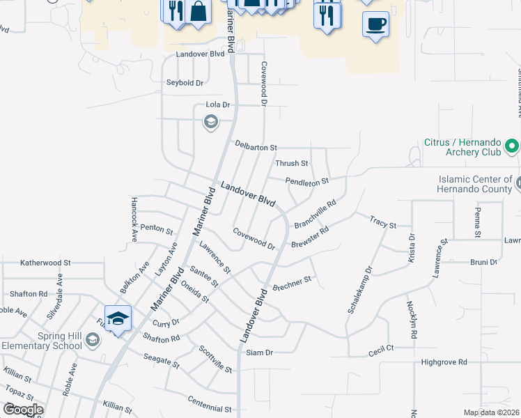 map of restaurants, bars, coffee shops, grocery stores, and more near 6442 Grapewood Road in Spring Hill