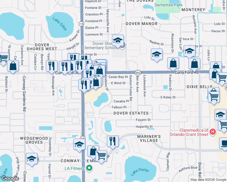 map of restaurants, bars, coffee shops, grocery stores, and more near 4805 Oakbrooke Place in Orlando