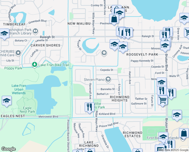 map of restaurants, bars, coffee shops, grocery stores, and more near 4565 Cassius Street in Orlando