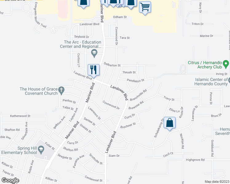 map of restaurants, bars, coffee shops, grocery stores, and more near 6442 Grapewood Road in Spring Hill