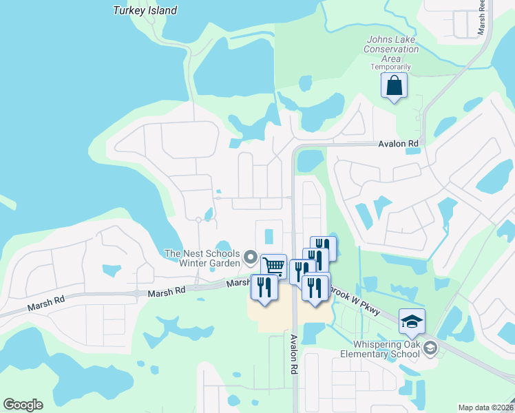 map of restaurants, bars, coffee shops, grocery stores, and more near 15799 Citrus Grove Loop in Winter Garden