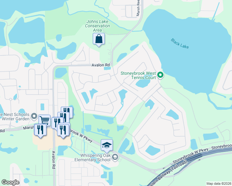 map of restaurants, bars, coffee shops, grocery stores, and more near 15331 Pebble Ridge Street in Winter Garden