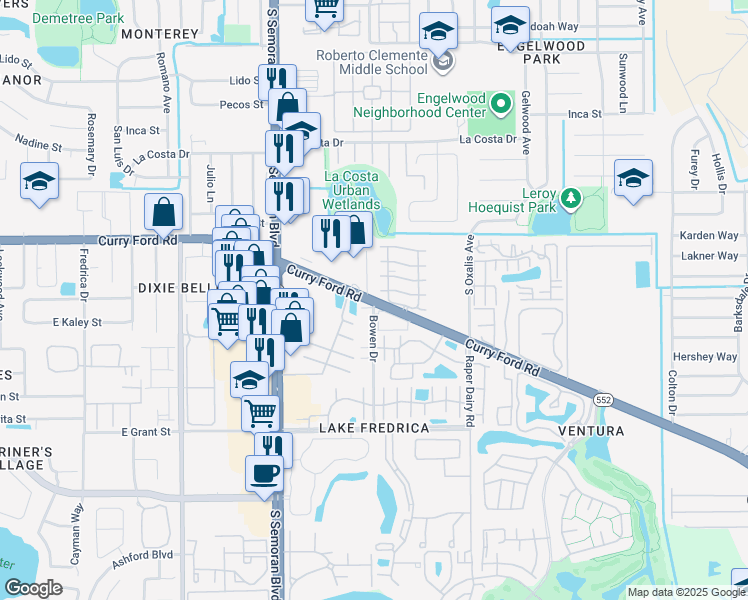 map of restaurants, bars, coffee shops, grocery stores, and more near Curry Ford Rd & Bowen Dr in Orlando