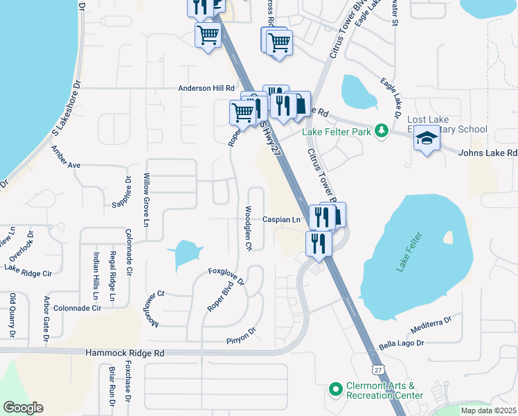 map of restaurants, bars, coffee shops, grocery stores, and more near 12308 Woodglen Circle in Clermont