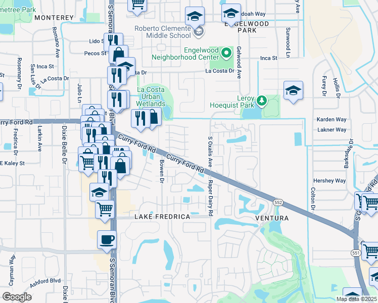map of restaurants, bars, coffee shops, grocery stores, and more near 5953 Curry Ford Road in Orlando