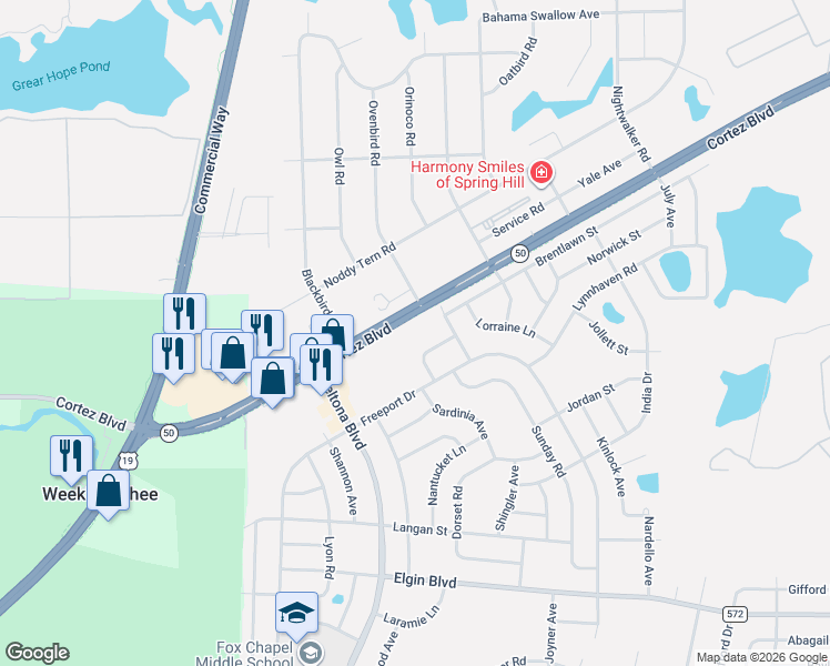 map of restaurants, bars, coffee shops, grocery stores, and more near 6327 Melshire Avenue in Spring Hill