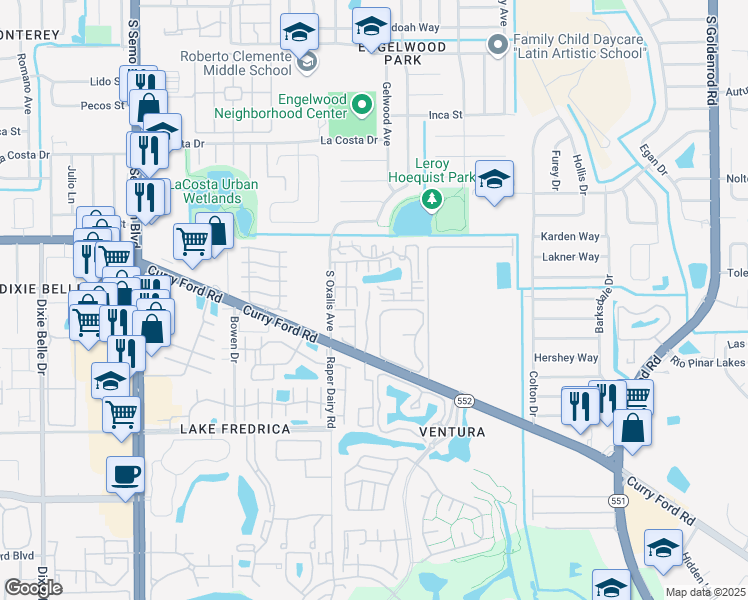 map of restaurants, bars, coffee shops, grocery stores, and more near 1897 Caralee Boulevard in Orlando