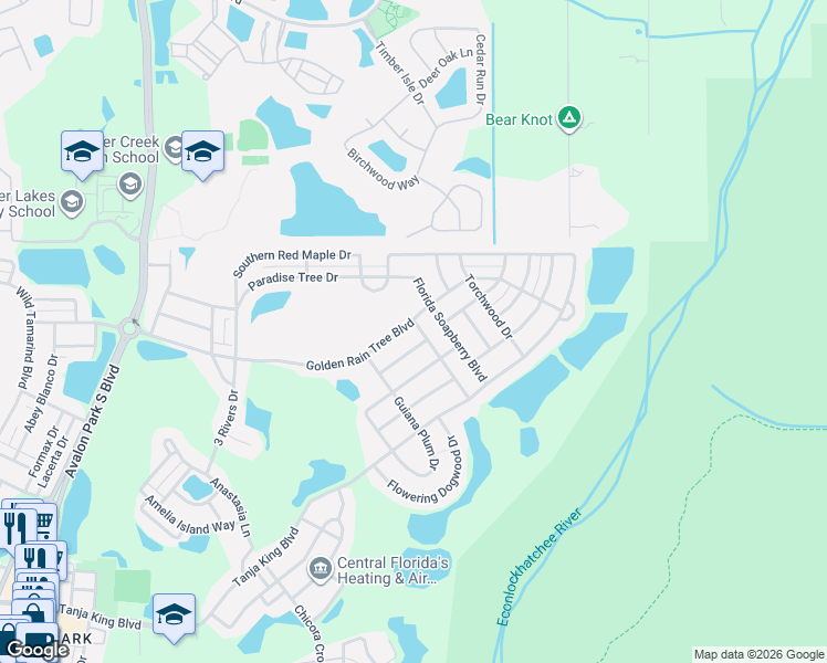 map of restaurants, bars, coffee shops, grocery stores, and more near 14514 Golden Rain Tree Boulevard in Orlando