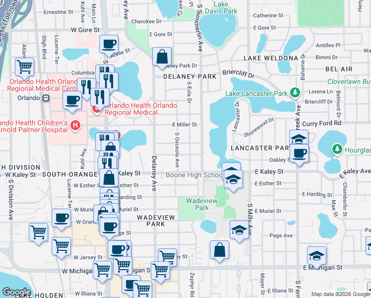 map of restaurants, bars, coffee shops, grocery stores, and more near 600 Woodland Street in Orlando