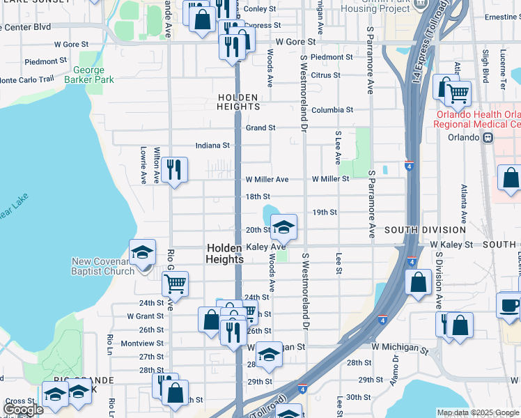 map of restaurants, bars, coffee shops, grocery stores, and more near 1222 18th Street in Orlando
