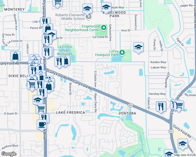 map of restaurants, bars, coffee shops, grocery stores, and more near 1838 Townhall Lane in Orlando
