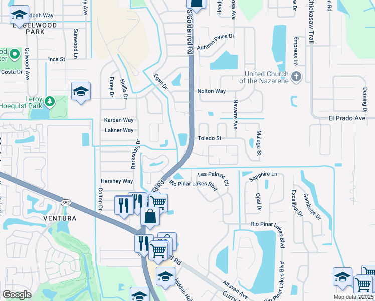 map of restaurants, bars, coffee shops, grocery stores, and more near 1715 South Goldenrod Road in Orlando