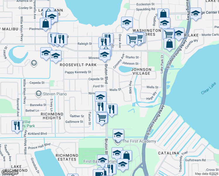 map of restaurants, bars, coffee shops, grocery stores, and more near 1623 Bruton Boulevard in Orlando