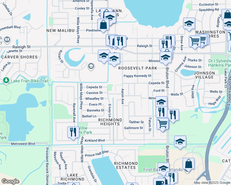 map of restaurants, bars, coffee shops, grocery stores, and more near 1600 Aaron Avenue in Orlando