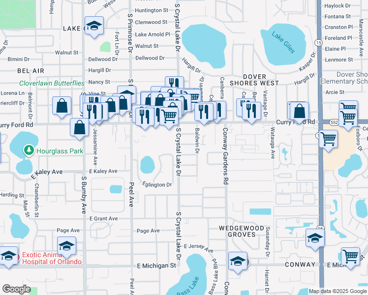 map of restaurants, bars, coffee shops, grocery stores, and more near 1646 South Crystal Lake Drive in Orlando