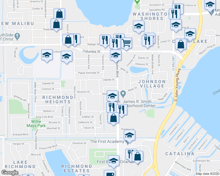 map of restaurants, bars, coffee shops, grocery stores, and more near 4050 Banks Avenue in Orlando