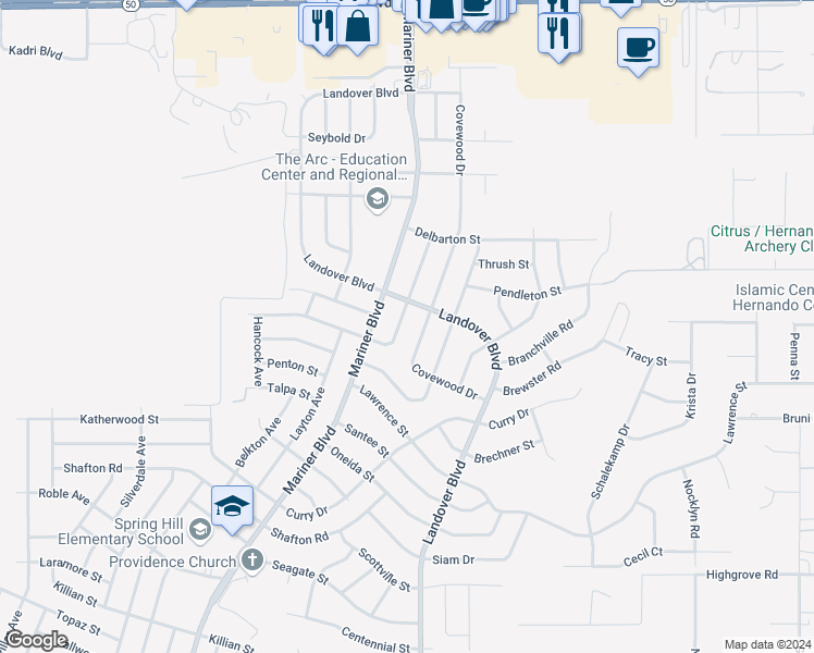 map of restaurants, bars, coffee shops, grocery stores, and more near 13060 Hanley Drive in Spring Hill