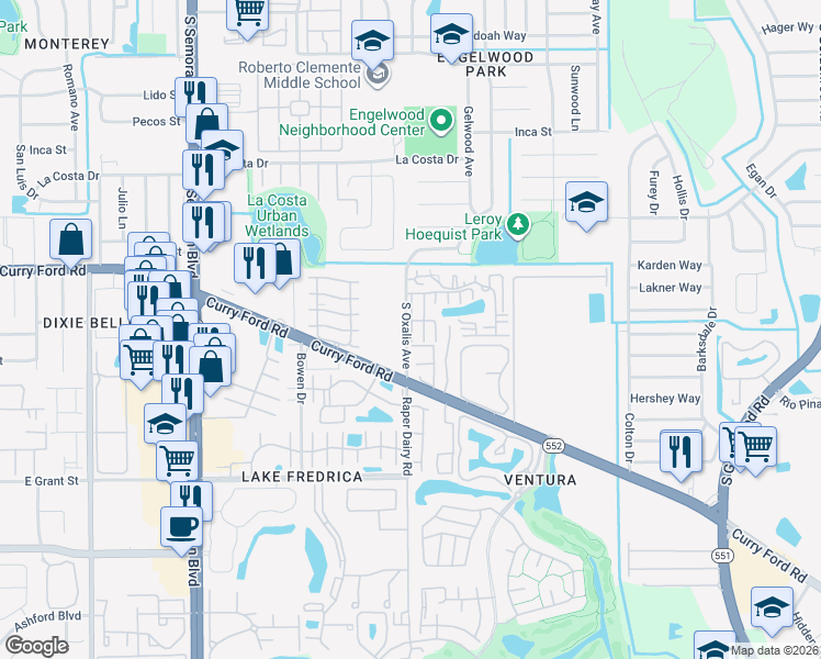 map of restaurants, bars, coffee shops, grocery stores, and more near 1838 Townhall Lane in Orlando