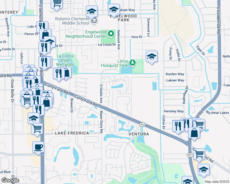 map of restaurants, bars, coffee shops, grocery stores, and more near 6227 Yorktown Drive in Orlando