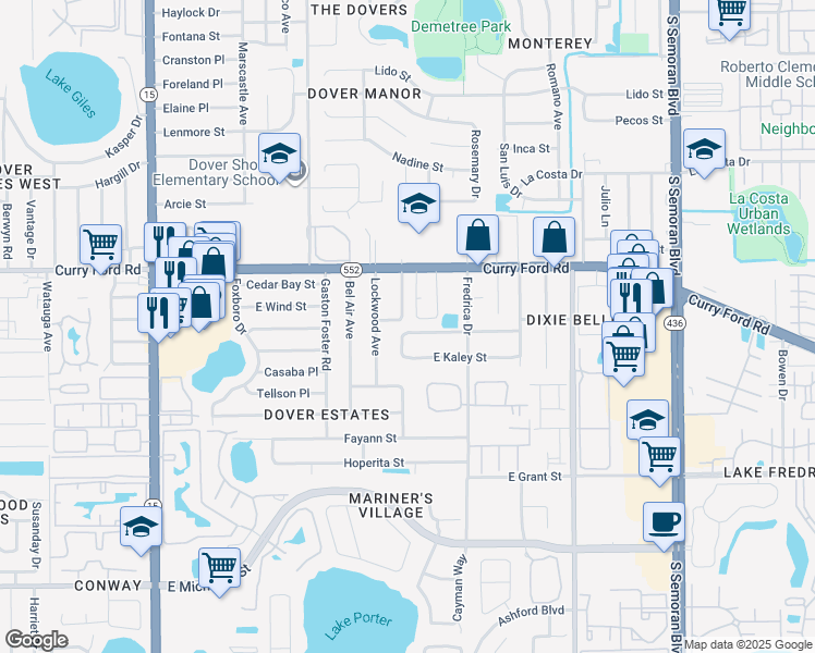 map of restaurants, bars, coffee shops, grocery stores, and more near 5207 Forzley Street in Orlando