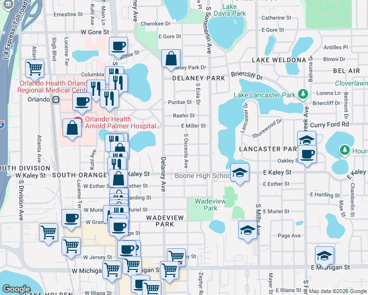 map of restaurants, bars, coffee shops, grocery stores, and more near 442 Woodland Street in Orlando