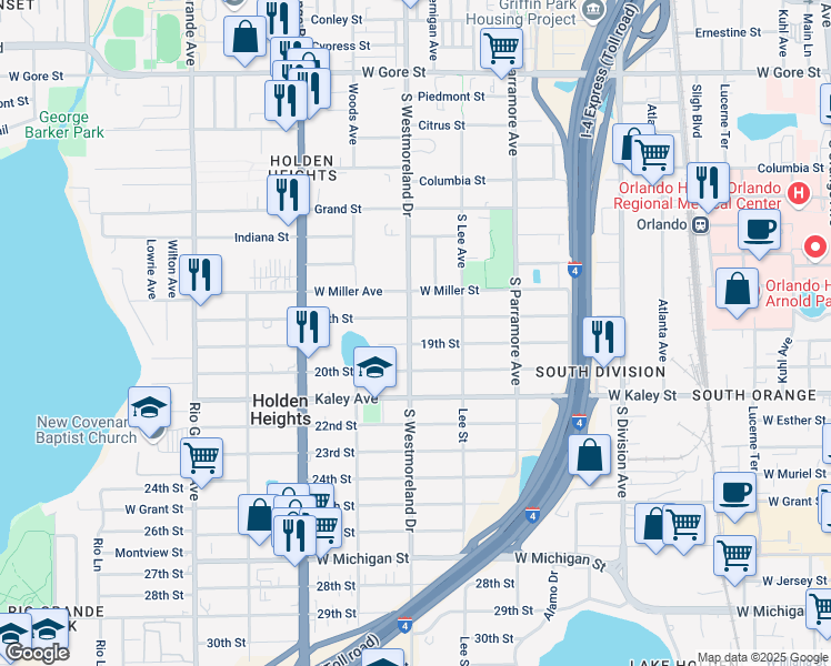 map of restaurants, bars, coffee shops, grocery stores, and more near 1802 South Westmoreland Drive in Orlando