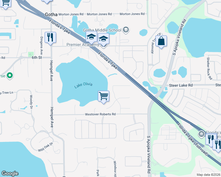map of restaurants, bars, coffee shops, grocery stores, and more near 1703 Roberts Landing Road in Windermere