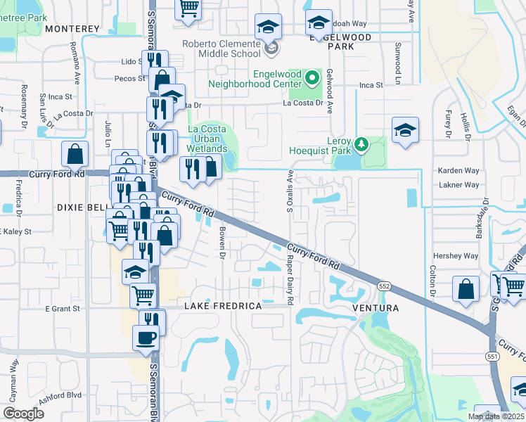 map of restaurants, bars, coffee shops, grocery stores, and more near 5953 Curry Ford Road in Orlando