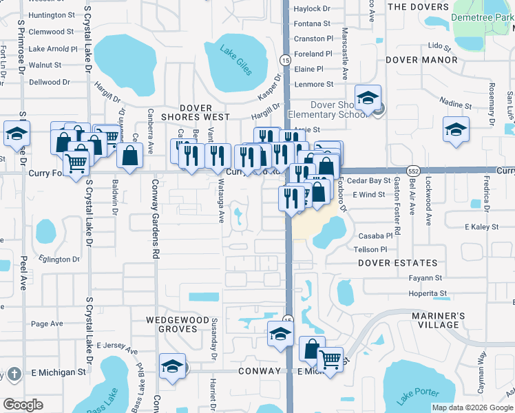 map of restaurants, bars, coffee shops, grocery stores, and more near 1700 Edmundshire Road in Orlando