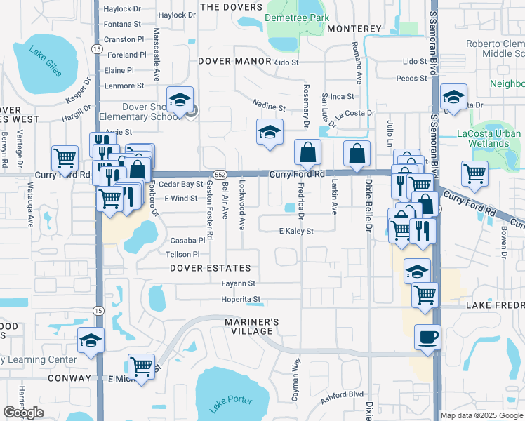 map of restaurants, bars, coffee shops, grocery stores, and more near 5207 Forzley Street in Orlando
