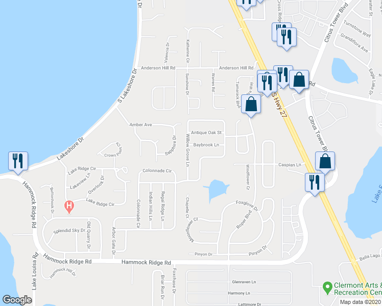 map of restaurants, bars, coffee shops, grocery stores, and more near 12014 Willow Grove Lane in Clermont