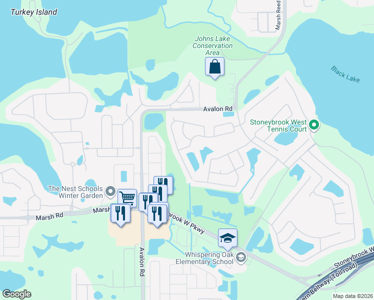 map of restaurants, bars, coffee shops, grocery stores, and more near 15564 Amberbeam Boulevard in Winter Garden