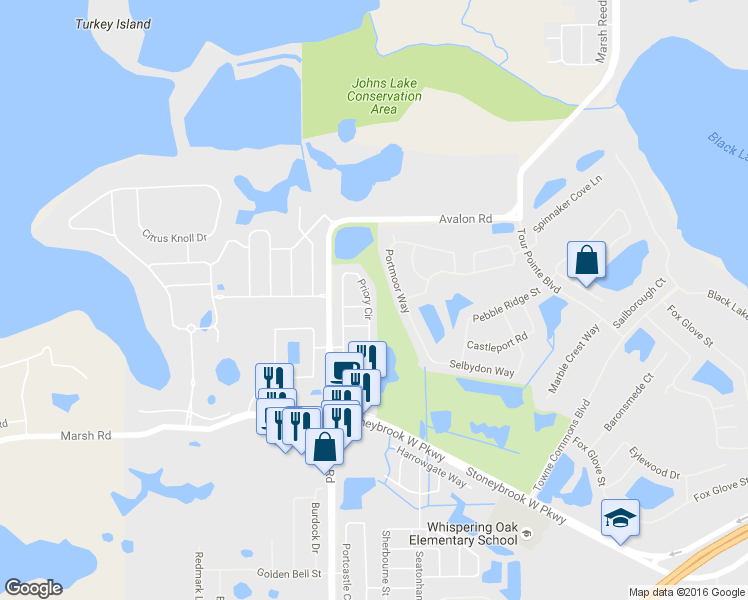 map of restaurants, bars, coffee shops, grocery stores, and more near 1343 Priory Circle in Winter Garden