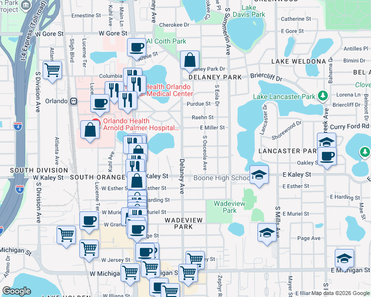 map of restaurants, bars, coffee shops, grocery stores, and more near 1701 Delaney Avenue in Orlando
