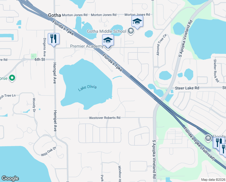 map of restaurants, bars, coffee shops, grocery stores, and more near 1703 Roberts Landing Road in Windermere
