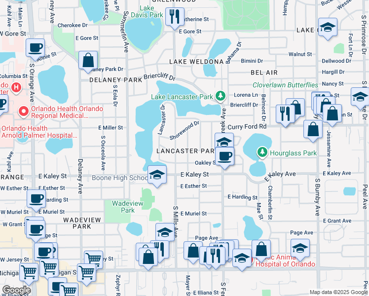 map of restaurants, bars, coffee shops, grocery stores, and more near 1626 Hackney Avenue in Orlando